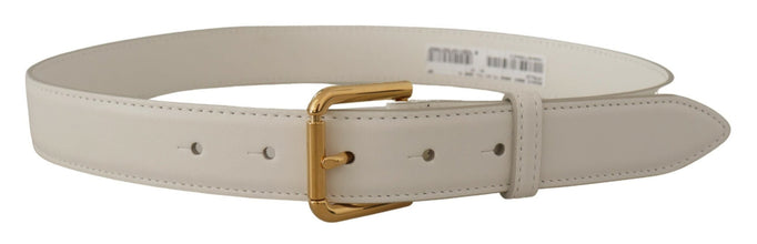 White Calf Leather Gold Tone Logo Metal Buckle Belt Dolce & Gabbana
