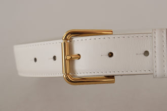 White Calf Leather Gold Tone Logo Metal Buckle Belt Dolce & Gabbana