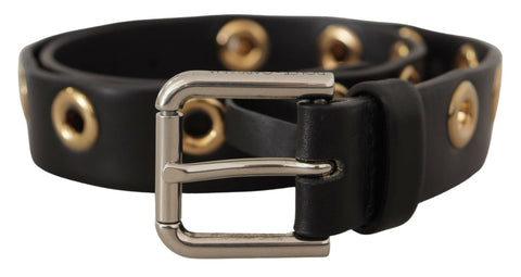 Black Leather Eyelet Silver Tone Metal Buckle Belt Dolce & Gabbana