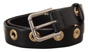 Black Leather Eyelet Silver Tone Metal Buckle Belt Dolce & Gabbana