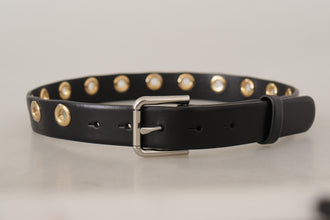 Black Leather Eyelet Silver Tone Metal Buckle Belt Dolce & Gabbana