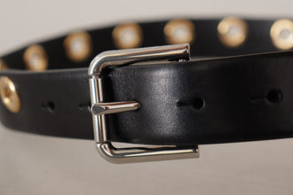 Black Leather Eyelet Silver Tone Metal Buckle Belt Dolce & Gabbana