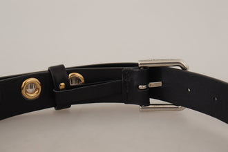 Black Leather Eyelet Silver Tone Metal Buckle Belt Dolce & Gabbana