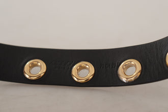 Black Leather Eyelet Silver Tone Metal Buckle Belt Dolce & Gabbana