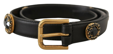 Black Leather Embellished Crystal Logo Belt Dolce & Gabbana