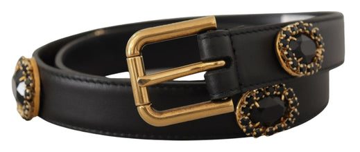 Black Leather Embellished Crystal Logo Belt Dolce & Gabbana