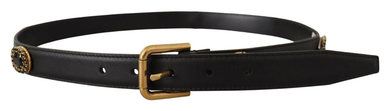 Black Leather Embellished Crystal Logo Belt Dolce & Gabbana