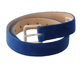 Blue Velvet Silver Logo Engraved Metal Buckle Belt Dolce & Gabbana