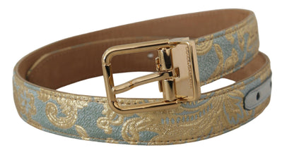 Blue Leather Jacquard Embossed Gold Metal Buckle Belt Dolce & Gabbana