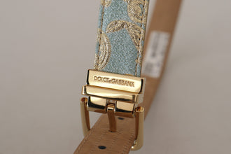 Blue Leather Jacquard Embossed Gold Metal Buckle Belt Dolce & Gabbana