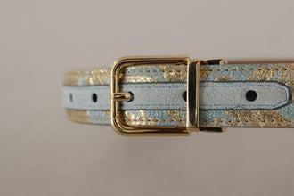 Blue Leather Jacquard Embossed Gold Metal Buckle Belt Dolce & Gabbana