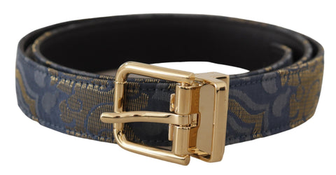 Navy Blue Jacquard Gold Tone Logo Metal Buckle Belt Dolce & Gabbana