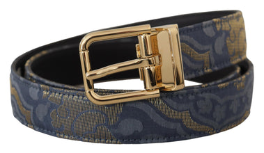 Navy Blue Jacquard Gold Tone Logo Metal Buckle Belt Dolce & Gabbana