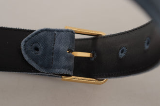 Navy Blue Velvet Gold Metal Logo Waist Buckle Belt Dolce & Gabbana