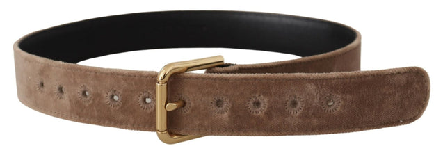 Light Brown Velvet Gold Tone Logo Metal Buckle Belt Dolce & Gabbana