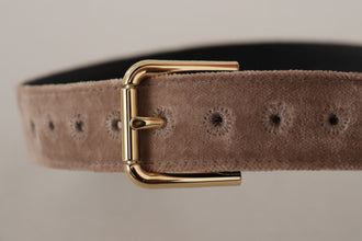 Light Brown Velvet Gold Tone Logo Metal Buckle Belt Dolce & Gabbana