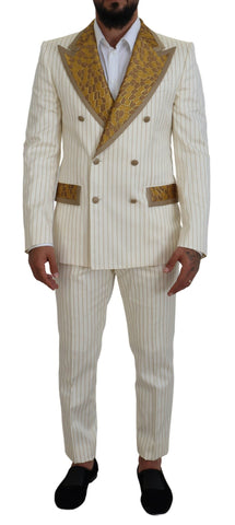 Off White Gold Striped Tuxedo Slim Fit Suit Dolce & Gabbana