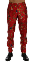 Red Silk Bird Print Dress Pants Dolce & Gabbana
