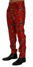 Red Silk Bird Print Dress Pants Dolce & Gabbana