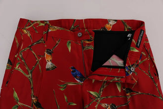 Red Silk Bird Print Dress Pants Dolce & Gabbana