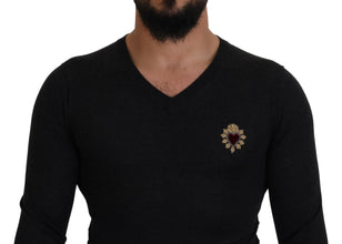 Gray Cashmere V-neck Gold Heart Sweater Dolce & Gabbana