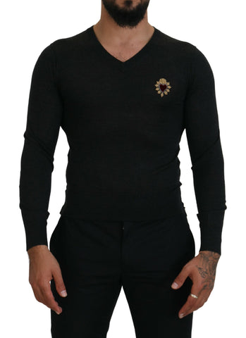 Gray Cashmere V-neck Gold Heart Sweater Dolce & Gabbana
