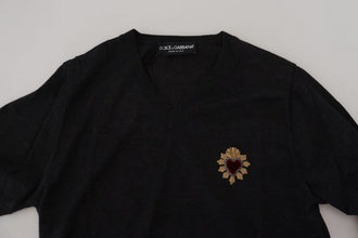 Gray Cashmere V-neck Gold Heart Sweater Dolce & Gabbana