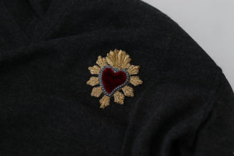 Gray Cashmere V-neck Gold Heart Sweater Dolce & Gabbana