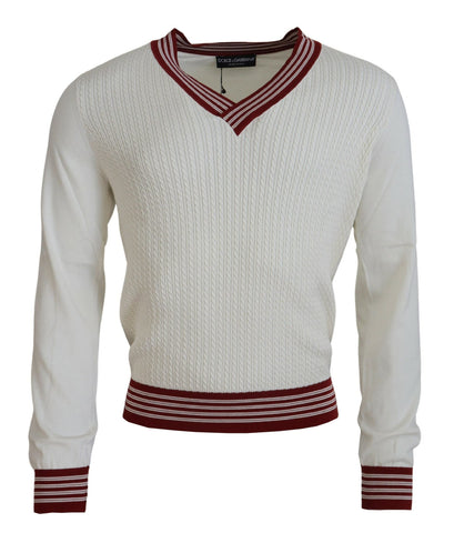 White Red Knitted V-neck Pullover Sweater Dolce & Gabbana