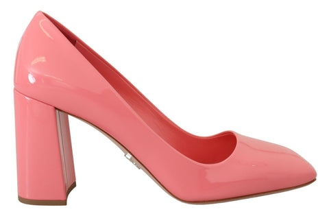 Pink Patent Leather Block Heels Pumps Classic Prada