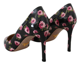 Black Leather Floral Heels Stilettos Pumps Prada