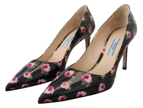 Black Leather Floral Heels Stilettos Pumps Prada