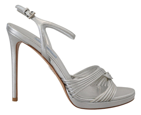 Silver Leather Sandals Ankle Strap Heels Stiletto Prada
