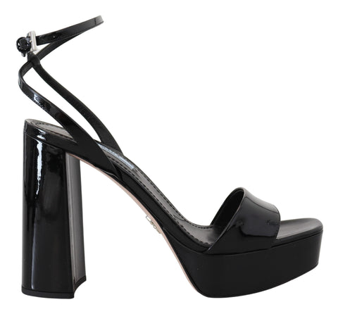 Black Patent Sandals Ankle Strap Heels Leather Prada