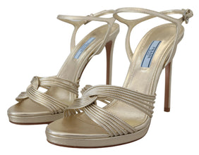 Gold Leather Sandals Ankle Strap Heels Stiletto Sandal Prada