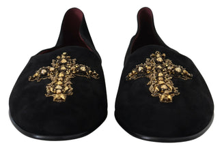 Black Suede Gold Cross Slip On Loafers Shoes Dolce & Gabbana