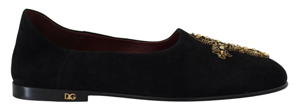 Black Suede Gold Cross Slip On Loafers Shoes Dolce & Gabbana