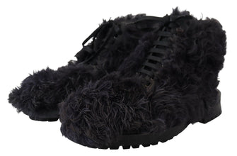 Black Leather Combat Shearling Boots Shoes Dolce & Gabbana