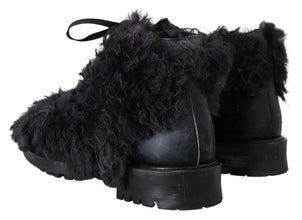 Black Leather Combat Shearling Boots Shoes Dolce & Gabbana