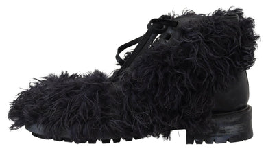 Black Leather Combat Shearling Boots Shoes Dolce & Gabbana