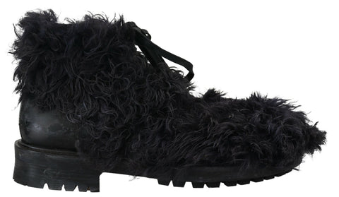 Black Leather Combat Shearling Boots Shoes Dolce & Gabbana