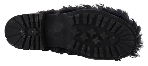 Black Leather Combat Shearling Boots Shoes Dolce & Gabbana