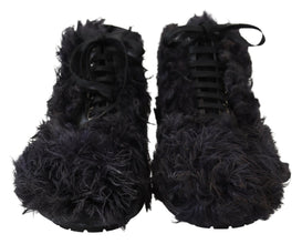 Black Leather Combat Shearling Boots Shoes Dolce & Gabbana