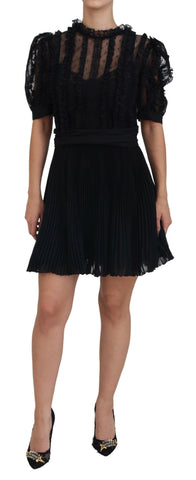 Black Lace Trim A-line Mini Nylon Dress Dolce & Gabbana