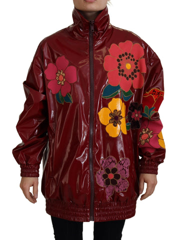 Maroon Floral Full Zip Polyester Women Jacket Dolce & Gabbana