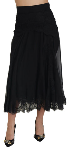Black Silk Lace Trim High Waist Midi Skirt Dolce & Gabbana