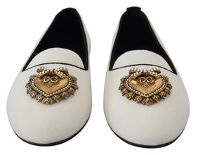 White Velvet Slip Ons Loafers Flats Shoes Dolce & Gabbana