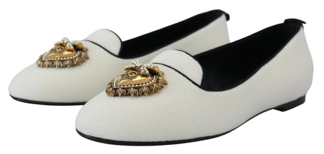 White Velvet Slip Ons Loafers Flats Shoes Dolce & Gabbana