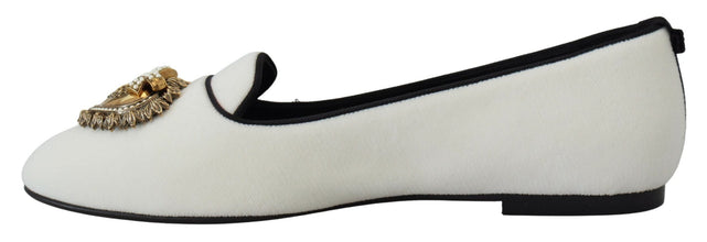 White Velvet Slip Ons Loafers Flats Shoes Dolce & Gabbana