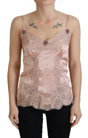 Pink Satin Lace Roses Tank Top Lingerie Dolce & Gabbana